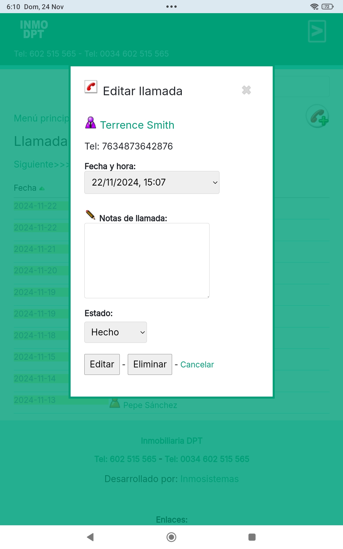 Ficha de llamada